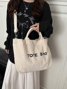 复古欧式时尚灯芯绒字母印花女士优雅单肩手提包 - 米色 - 查看 3