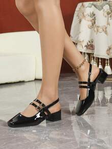宽楦女式高跟鞋、时尚漆皮凉鞋、休闲露趾后带凉鞋、系带凉鞋、职业凉鞋、玛丽珍平底鞋、休闲露跟穆勒鞋 - 黑色 - 查看 6