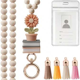 1pc Silicone Bead Book Flower Beaded Keychain Lanyard, Work ID Badge Holder, Teacher Gift, Comes With 4 Tassel Colors