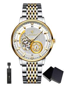 POEDAGAR 1pc Men's Stainless Steel Automatic Hollow Tourbillon Mechanical Wristwatch, Casual Men's Watch, Waterproof Luminous Function, Fashion Men's Wristwatch, Suitable For Daily Wear, Men's Gift - White - View 13