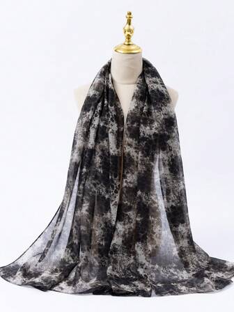 2025 Linen Lightweight Flowing Black & Gray Ink Floral Elegant Chic Versatile Breathable UV Protection Summer Sunshade, Warm Floral Print For Spring & Autumn