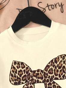 Young Girl Leopard Print Bow Graphic Round Neck Short Sleeve Casual Versatile T-Shirt - Apricot - View 4