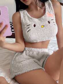 Sanrio [WONDER WORLD]2pcs Hello Kitty Valentine's Day Women Plush Camisole Top + Elastic Waist Shorts Cute Pajama Set - Coffee Brown - View 5