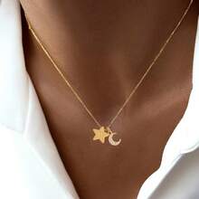 1件新款时尚星星字母密镶锆石月亮吊坠金色不锈钢链项链，女士款 - 金黃色 - 查看 1