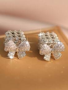 1pair Fantasy Bow Platinum Plated Stud Earrings Exquisite Hollow Out Cube Cubic Zirconia Earring For Women Daily Commute Dating Christmas Wedding Gift Copper Jewelry - Silver - View 12