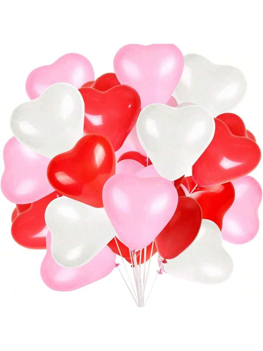 60/30 piezas Globos de látex con forma de corazón de 10 pulgadas (25,4 cm) en rojo, rosa y blanco, adecuados para el Día de San Valentín, aniversario de boda, compromiso, cumpleaños, jardín, celebración de la empresa, graduación, fiesta, decoración romántica - Multicolor - Ver 1