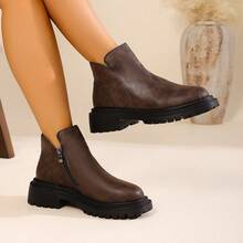 Women's Retro Minimalist Ankle Boots With Side Zipper Design, Round Toe, Lightweight, Suitable For Outdoor, Casual Solid Color Short Boots With Soft Non-Slip Soles, All Season - Brown - View 9