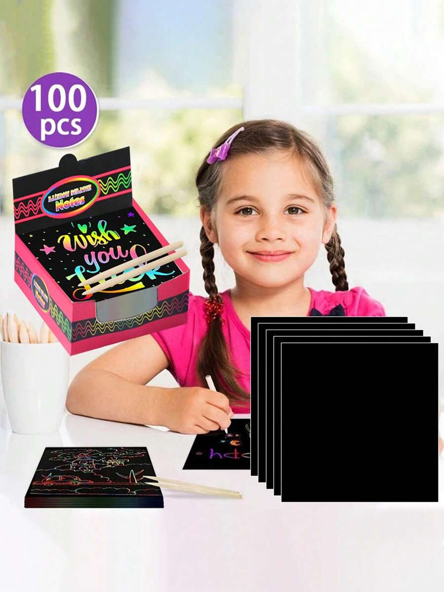 100张/套 儿童彩虹魔法刮刮纸 艺术工艺套装 黑色便签纸 绘画本