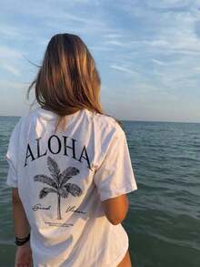 Women New Tree Slogan Print Casual Round Neck Short Sleeve Shirt Fashionable Resort Style Daily Essential Item Graphic Tee Women Tops Vacation - 白色 - 查看 1