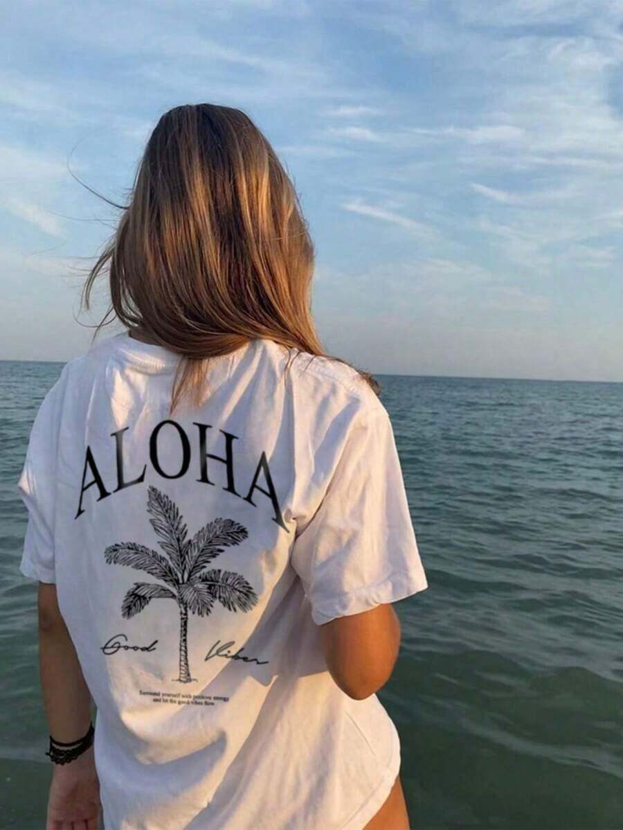 Women New Tree Slogan Print Casual Round Neck Short Sleeve Shirt Fashionable Resort Style Daily Essential Item Graphic Tee Women Tops Vacation - 白色 - 查看 1