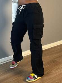 WGXWGX Plus-Size Women's Casual And Versatile Black Cargo Jeans With Side Pockets, Elastic Waistband, Drawstring, Loose Straight Leg, Non-Stretch, Machine Washable, Suitable For Everyday Wear, Commuting, And Work. - màu đen - Xem 4