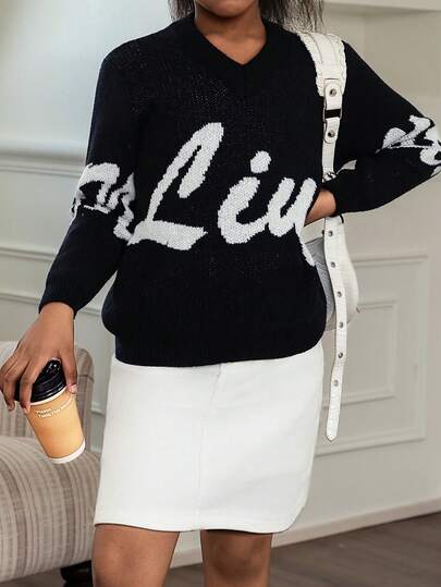 1 Stück Mädchen & Teenager lässig locker sitzender V-Ausschnitt Buchstaben Jacquard Strickpullover, bequem & elegant