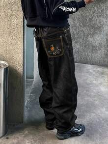 Men's New Fashion Pocket Embroidery Fish Scale Pattern Loose Casual Washed Denim Jeans, Versatile For All Seasons - Black - View 3