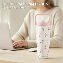 Pink Bow Stainless Steel Straw Lid Tumbler 30oz With Carry Handle For Women Girls, Insulated Travel Coffee Cup, Gift For Sports Outdoor Workout Christmas Birthday - Quả anh đào 2 - Xem 6