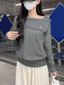 Gentle Style Off Shoulder Long Sleeve Sweater Women, New Loose Oversized Knitted Top - Grey - View 1