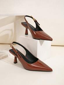 Breit geschnittene braune glänzende Metallic-Schnallen-Dekor Riemen Stiletto-Absatz Kleid Pumps, vielseitig für den täglichen Gebrauch, Bankette, Partys, Mode für Frauen in Große Größen, burgunderrote Absätze - Braun - Übersicht 8