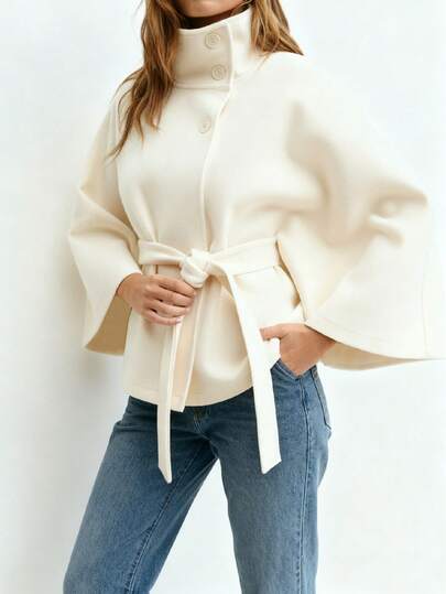 Poncho elegante de mujer con capucha y cinturón, de unicolor, para otoño/invierno