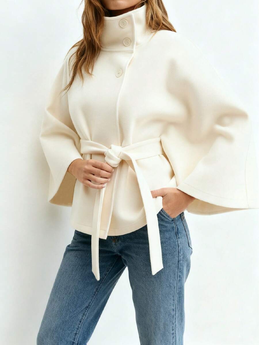 Women's Elegant Solid Color Hooded Poncho Overcoat With Belt, Autumn/Winter