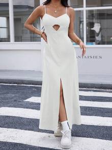 REF:AS1826 - Long Dress With Thin Straps And Front Slit: Elegance And Sensuality In The Same Look - White - View 3