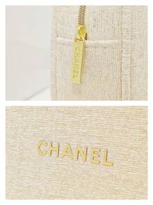 CHANEL 圣诞米色布艺化妆包，带金色刺绣标志，拉链旅行化妆包 - 白金 - 查看 4