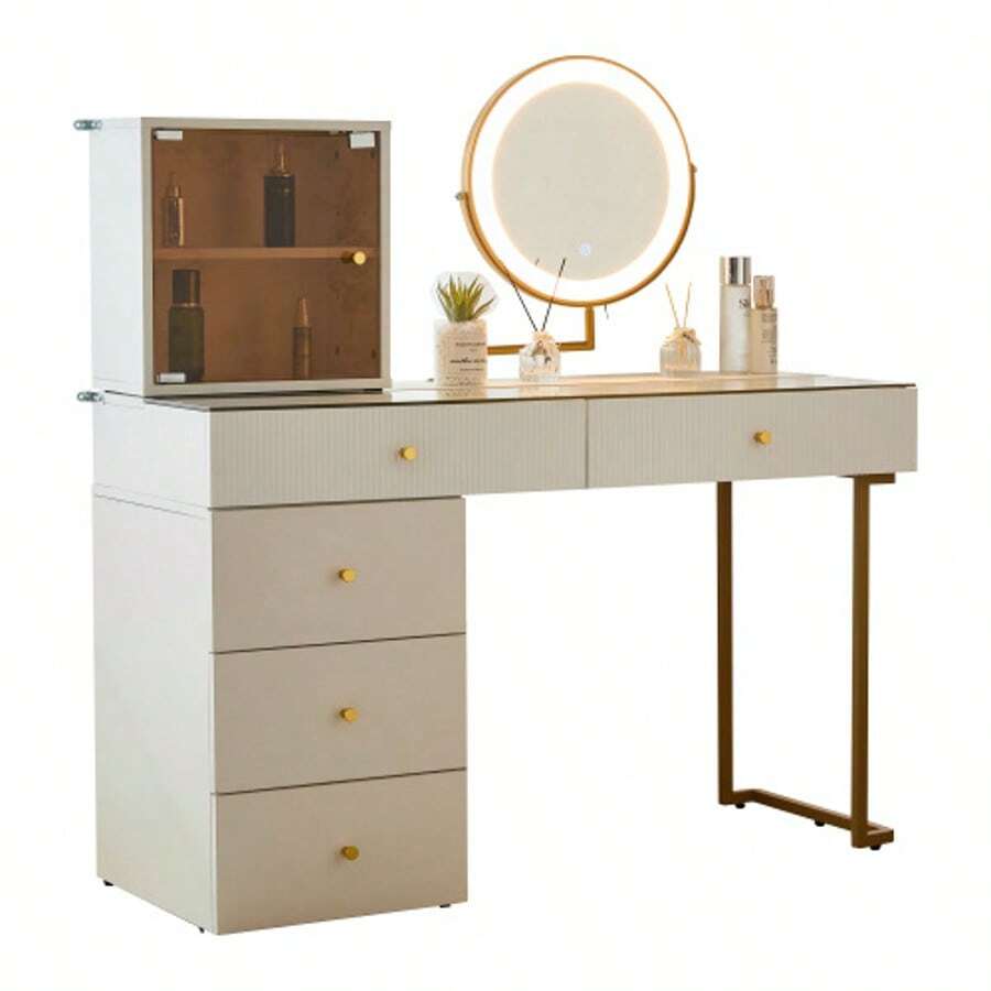 Dressing Table Set With LED-Illuminated Mirror, Transparent Tempered Glass Tabletop, Dressing Table Side And Cabinet, Elegant Furniture, White, Dimensions: 120 X 45 X 115 Cm (Without Stool) - White - View 1