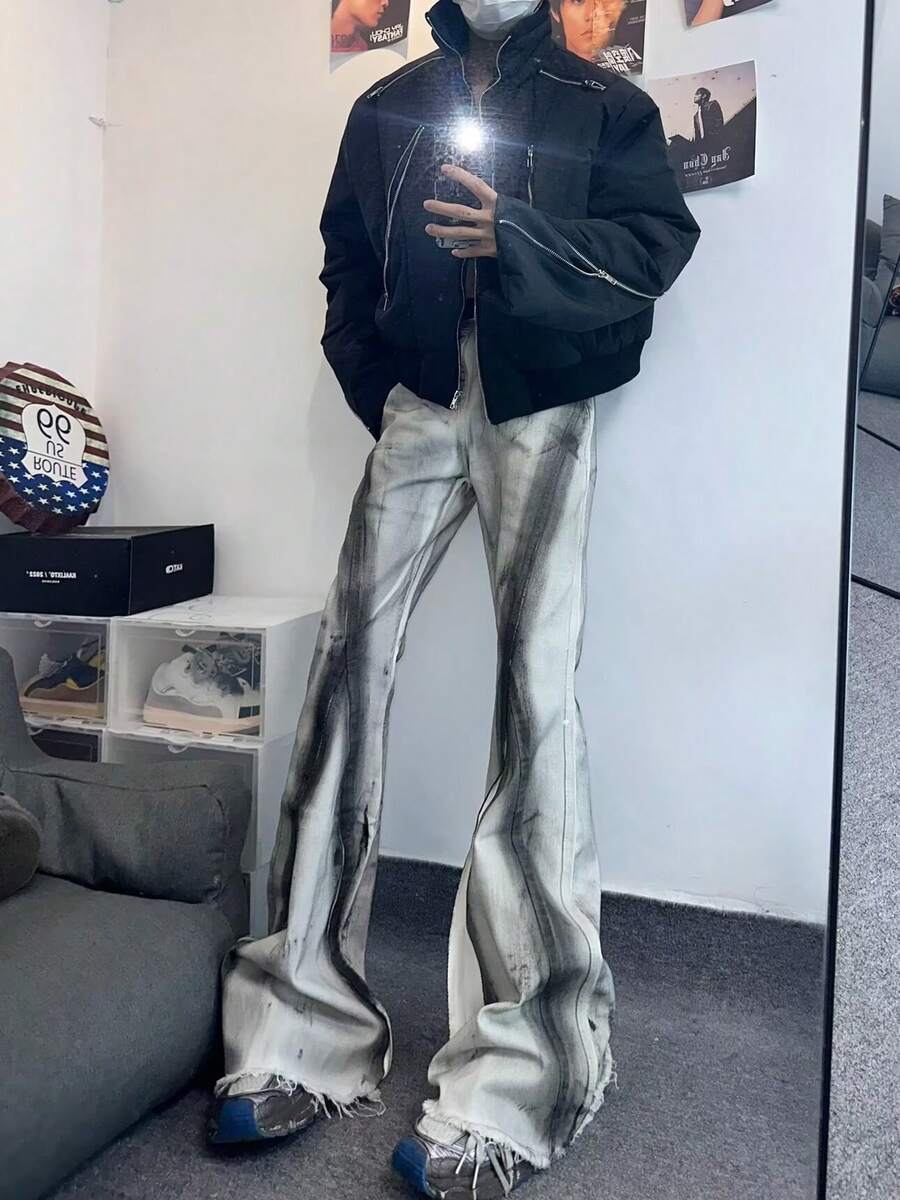 American Street Retro Heavy Fringed Black Ribbon Gradient Jeans Men's High Street Vibe Style Horn Pants Men - Xám - Xem 1