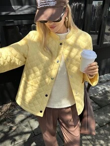 新款休闲法式立领时尚女士羽绒服 - 鵝黃色 - 查看 1