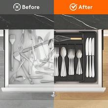 Expandable Silverware Drawer Organizer Adjustable Utensil Tray For Kitchen Storage  Free Flatware And Cutlery Holder For Spoons Forks Knives Adjustable Dividers Non-Slip Base Drawer Inserts For Cutlery Tools Kitchen Gadgets Black 8.5-14.1 X 12.1 Inches - 1 - 查看 5