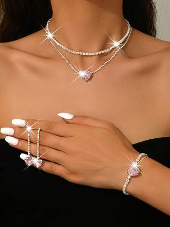 Luxury Sparkling Heart Jewelry Set, Silver-Tone Rhinestone Necklace, Earrings, Bracelet 3 Pieces Set, Bridal, Formal Event