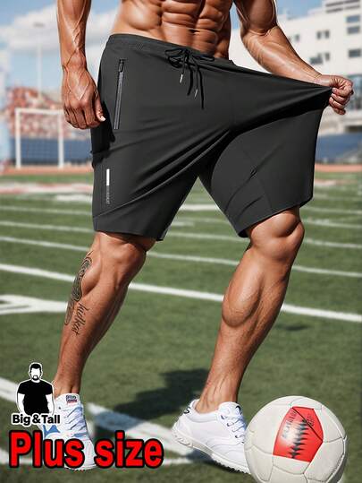 Plus Size Men's Casual Shorts, High Elasticity Drawstring Waist, Zipper Pockets, Thin Breathable Fabric, Suitable For Fitness, Running, Sports, Casual Daily Wear Black Summer