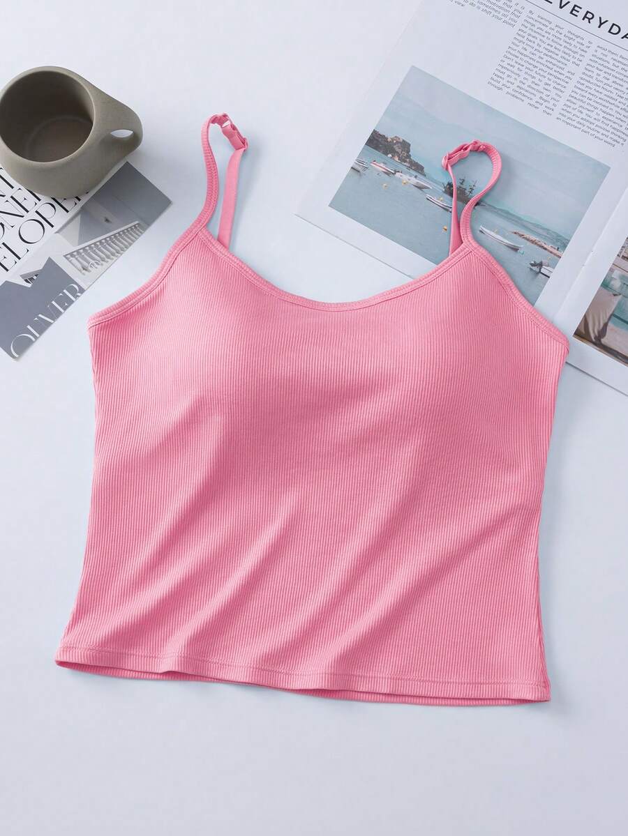 1 Áo hai dây gân màu trơn có đệm ngực dành cho nữ, áo ba lỗ ngắn thường ngày - Hồng - Xem 1