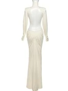 High Neck Long Sleeve Fitted Sexy Backless Solid Color Dress, Summer - Apricot - View 5