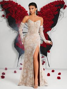 女士优雅抹胸鱼骨纯色袖蕾丝高腰开衩露背吊带曳地晚礼服，适合舞会、生日派对、晚宴、返校派对、婚礼宾客、正式晚宴、家庭聚会、节日等场合，白色连衣裙，新年礼服 - 白色 - 查看 5