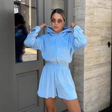 Lässiger europäischer und amerikanischer Stil Damen Silberfuchs Fleece Set einfarbig Langarm Reißverschluss Kapuzenjacke elastische Shorts Zweiteiler