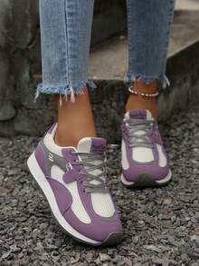 Women's Retro Patchwork Casual Sneakers, Lace-Up Front, Versatile Style Trainers - Purple - View 4