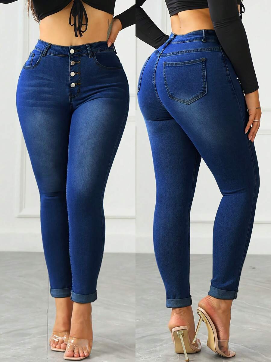 Pantalones vaqueros pitillo de talle medio para mujer - Pantalones vaqueros elásticos con cierre de una sola hilera de botones y lavado clásico - Azul lavado oscuro - Ver 1