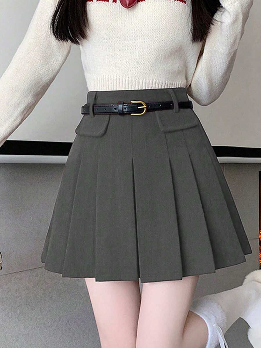 Rok A-Line Lipit Pinggang Tinggi Bahan Korduroi Model Ramping Terbaru untuk Wanita, Cocok untuk Musim Gugur/Dingin
