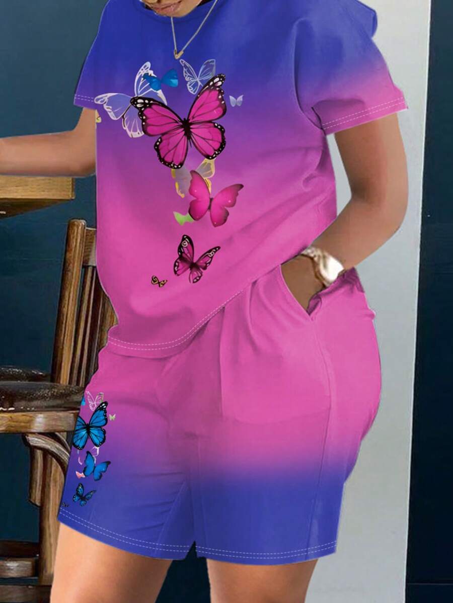 Plus Size Fashionable Women's Letter Butterfly Print Casual Shorts And Short-Sleeve Top Two-Piece Set; Digital Print Casual Suit Pants With Pockets - 玫紅色 - 查看 1