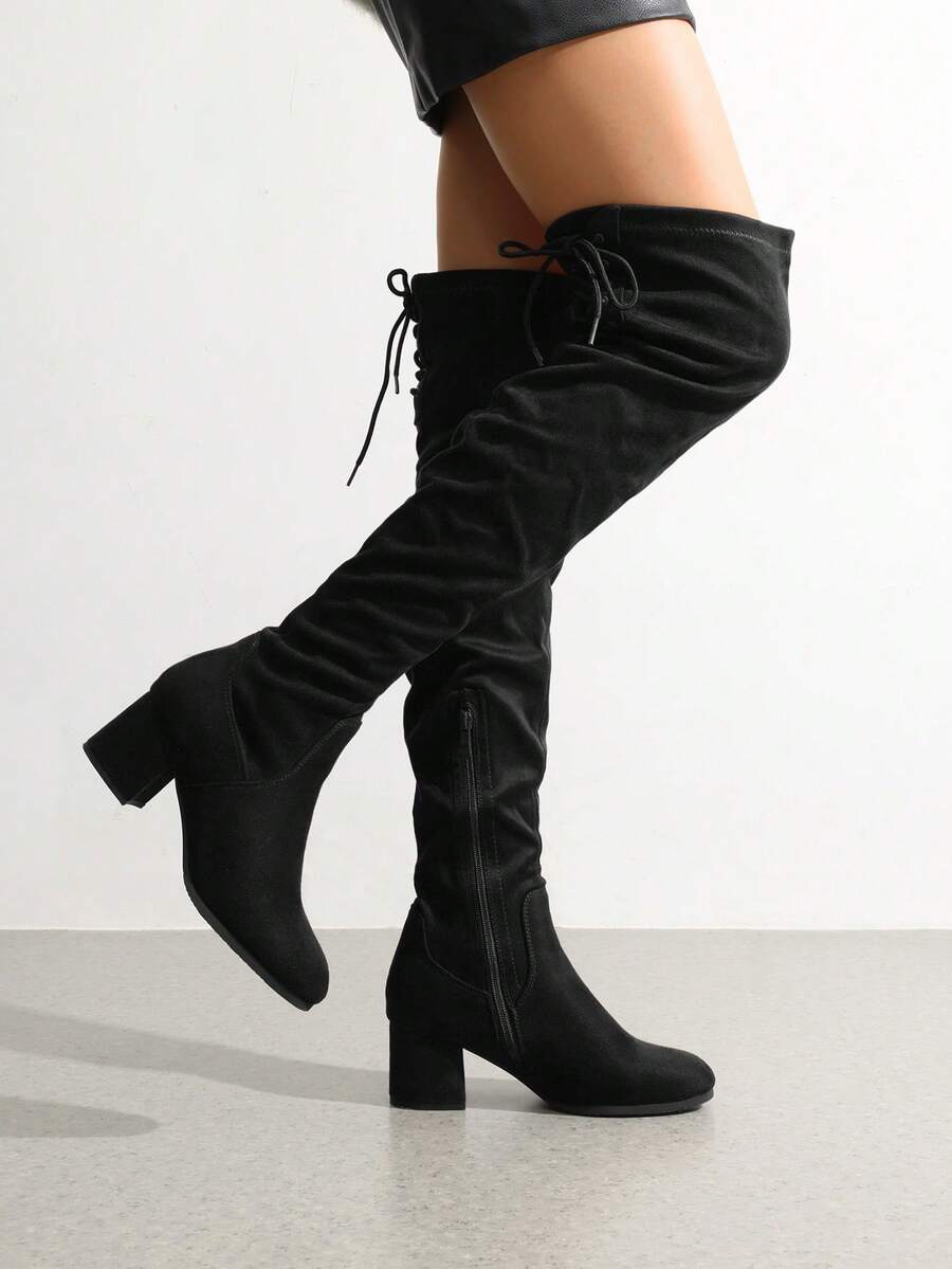 Women Comfortable Over The Knee Thigh High Boots Soft Stretch Suede Leather Chunky Heel Boots For Autumn Winter Casual Commute Wearing Halloween Holiday Gift - Black - View 1