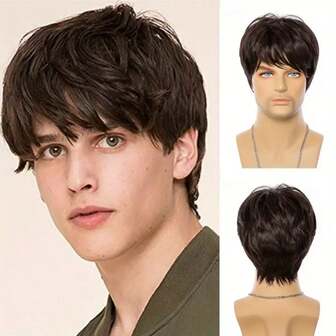 男士自然短棕色假发 - 合成头发，密度，玫瑰网帽，牢固贴合 - 适合日常和特殊场合 - 易于维护的戏剧假发，适合剧院、派对、摄影 - 逼真的外观和体积，短发假发，摄影假发，优雅的发型，舒适的佩戴，戏剧表演者，男士假发，男士假发