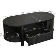 ONBRILL Black Oval Coffee Table, 47 Inch Fluted Coffee Tables With Cabinets & Sliding Doors, Mid-Century Modern Living Room Tables, Center Table With Storage And Wood Handle For Living Room, Home Small Space - Black - View 5