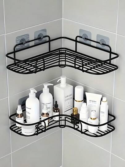 1Pc Wall-Mounted Bathroom Corner Shelf, Black Metal 3-Tier Organizer For Toiletries, Skincare & Cleaning Supplies, Adhesive Installation For Shower & Vanity, Perfect For Small Bathrooms, Rental Homes, Holiday Hosting (Christmas, New Year) - Maximizes Vertical Space With Style, Must-Have For Tidy Bathrooms & Gift For Home Organizers #BathroomCornerShelf #ToiletriesOrganizer #SmallBathroomSolutions #RentalFriendly #HomeOrganizerGift