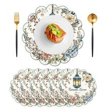 1 pieza/Set Manteles individuales florales de lino con linterna y flor para Ramadán, decoración de mesa de cocina y comedor redonda de 38cm para temporada, decoración del hogar, para fiestas, reuniones y comidas familiares - Multicolor - Ver 6