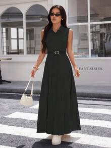 A&DD MODA, REF:AS1801 - Women's Long Shirt Dress With Free Belt: Elegance And Comfort In The Same Look - 黑色 - 查看 4