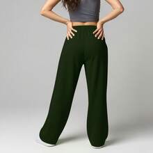 Wide Leg Pants With Flare Leg, Sophisticated Fit, Structured Style, High , Contemporary, Casual, Comfortable, Modern, Chic - 軍綠色 - 查看 2