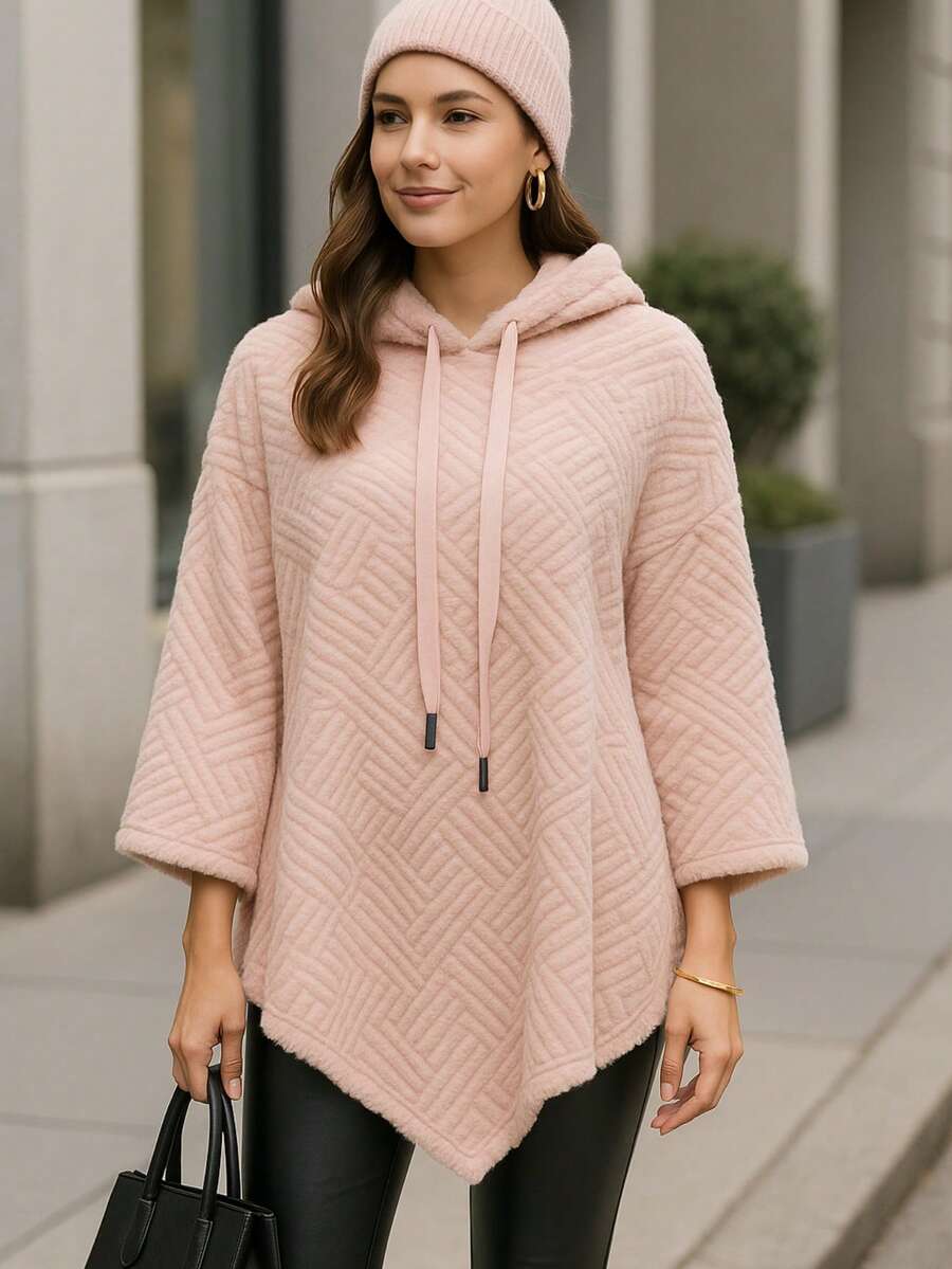Capa poncho asimétrico largo con capucha para mujer, estilo casual, con detalles de cordón ligero sin forro - Rosa - Ver 1