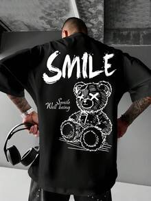 Men's Bright Yellow Graphic T-Shirt - Loose-Fitting Street Style T-Shirt With A Smile Design, Summer Shirt With A Round Neck For Everyday And Formal Wear - Lightweight Casual Top, Street Style, Bold Print, Comfortable Material, Printed Shirt, Urban Style, Street Fashion, Geometric Pattern, Breathable Material, Young Adults - 黑色 - 查看 2