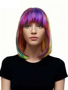 Fluorescent Colorful Crazy Party Wigs For Women, Short Colorful Straight Synthetic Wig For Rave, Cosplay, And Theme Parties, Stand Out In The Crowd! - Multicolor - View 9