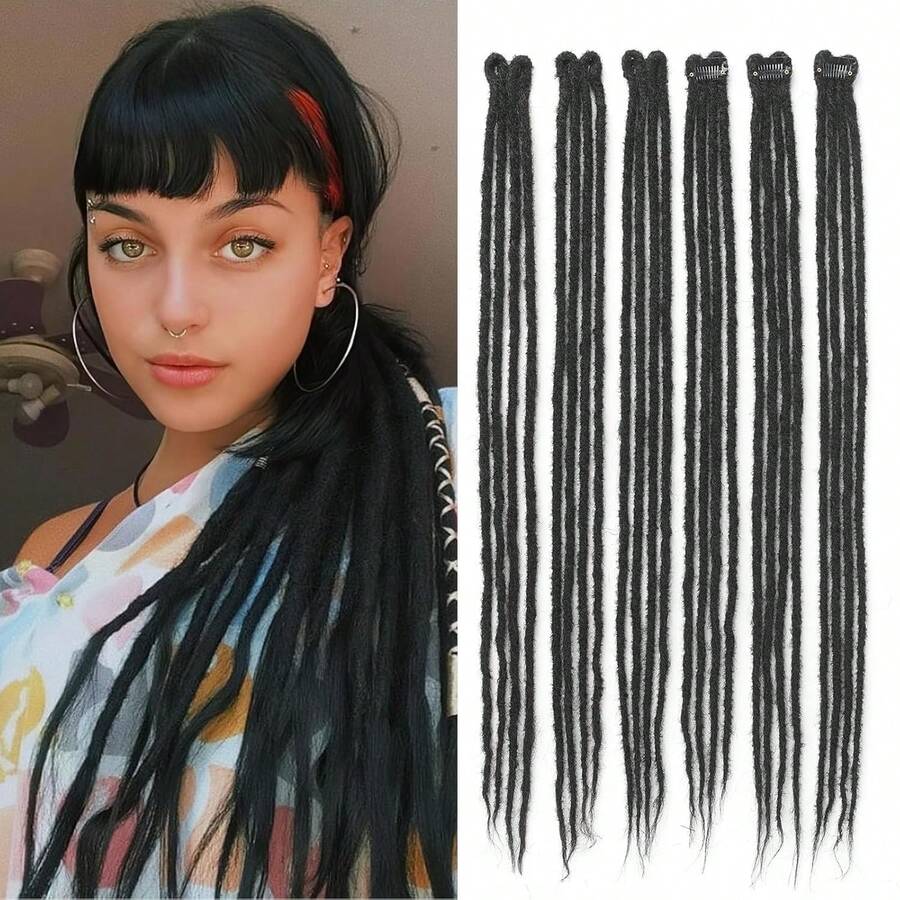 Dreadlock Extensions With Clip In,24 Inch 6 Clips(24strands) Handmade Braid Dreadlocks Hair Extensions For Women\/Girls\/Men, Soft Black Clips In Dreads Synthetic Hair Extension(24",1B#) - Dark Brown - Xem 1