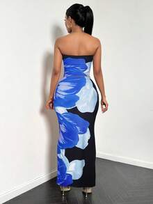 MOOD WOOD 2026 Autumn And Winter Women's Bodysuit Dress Set- -Crafted From Stretch Satin Fabric, This Two-Piece Set Features A Cropped Backless Top And Printed Skirt. Strapless Two-Piece Fitted Maxi Dress. - 寶藍色 - 查看 3